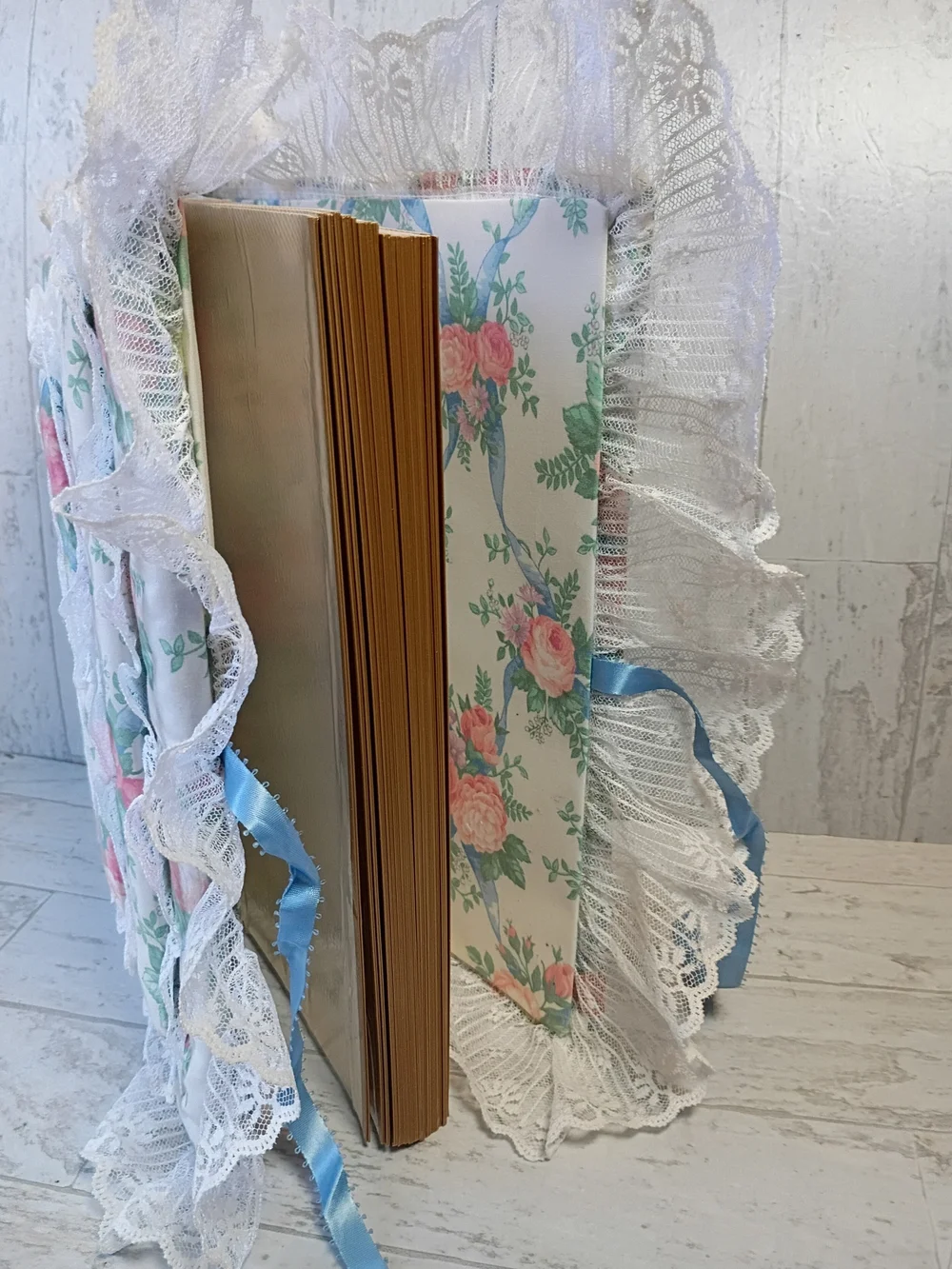 Vintage Album Hand Made Floral Lace Cottagecore Romantic  in Cream, Pink & Blue